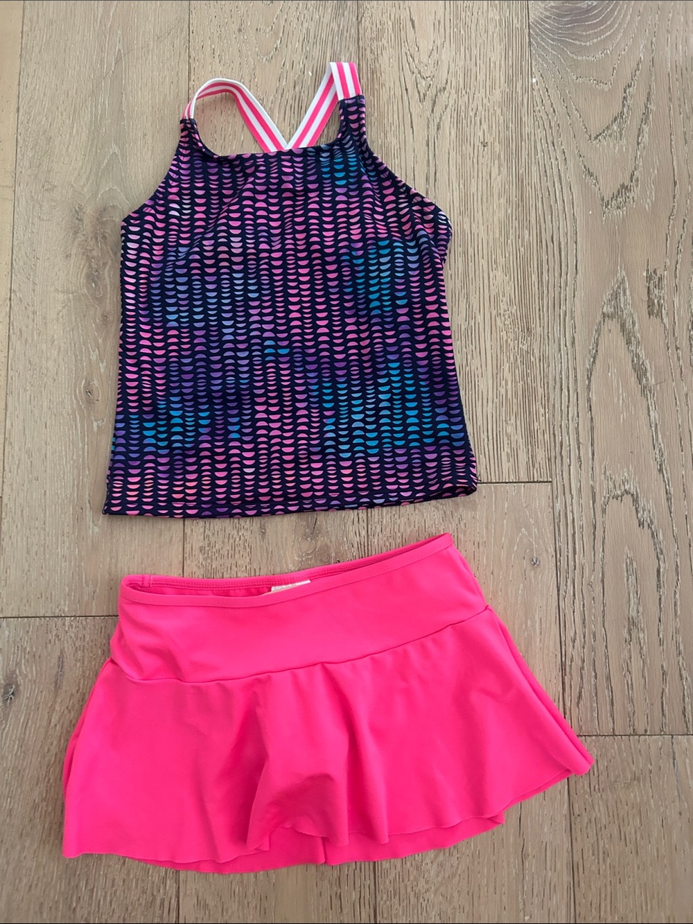 Girls' Bright Pink Swim Skort with Printed Tankini Top